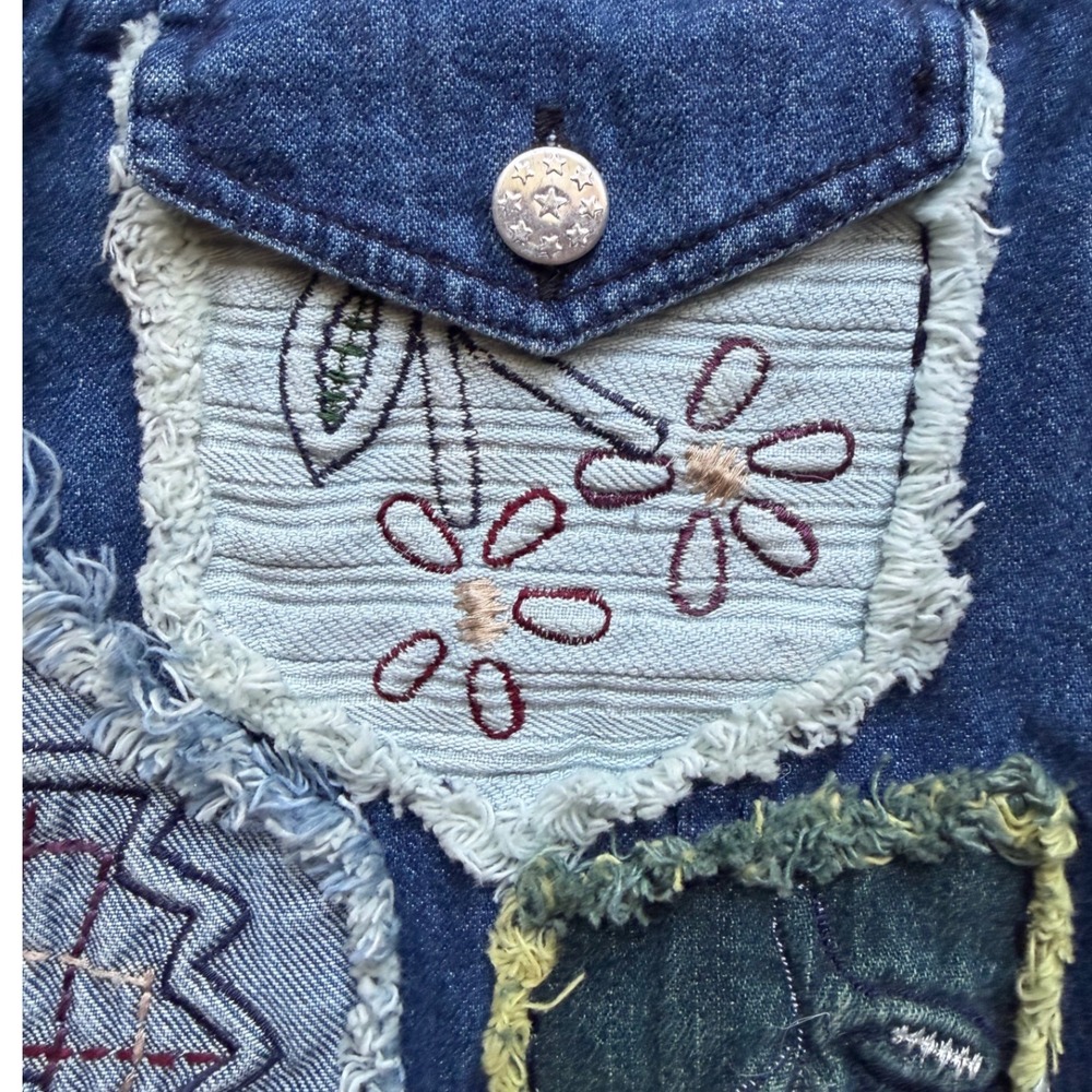 Boho Patchwork Embroidered Denim Jacket Womens L Blue Artsy Cottagecore Festival - Picture 8 of 14